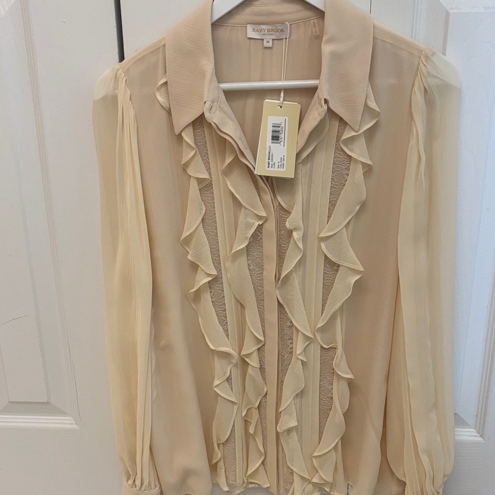 Ramy Brook Ivory Ruffle-Front Semi-Sheer Blouse